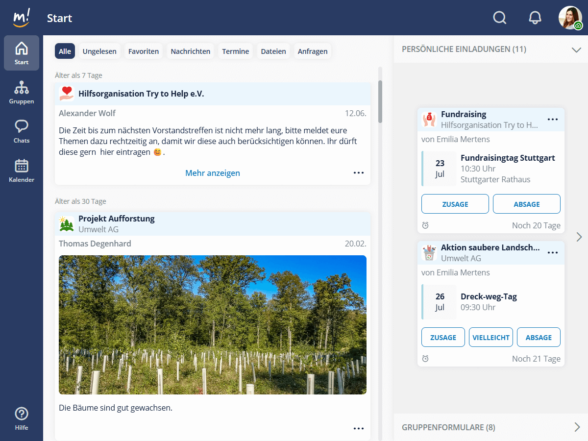 Die Startseite fokussiert auf Aktivitäten in Gruppen, listet Gruppennachrichten und -dateien nach Aktualität auf sowie offene Einladungen zu Terminen und Formularen. mantau Startseite